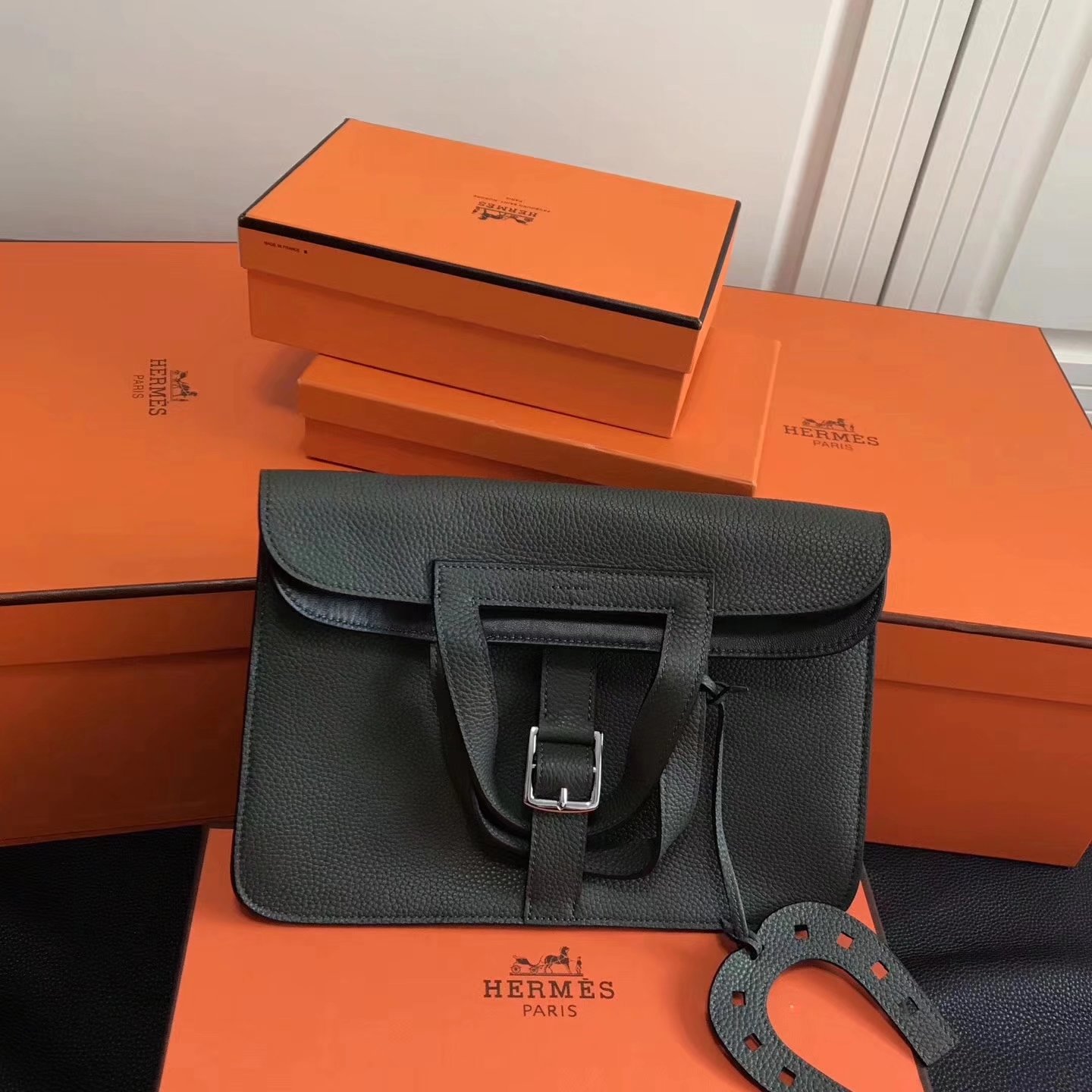 Hermes 31cm Halzan Dark Green Taurillon Clemence Leather