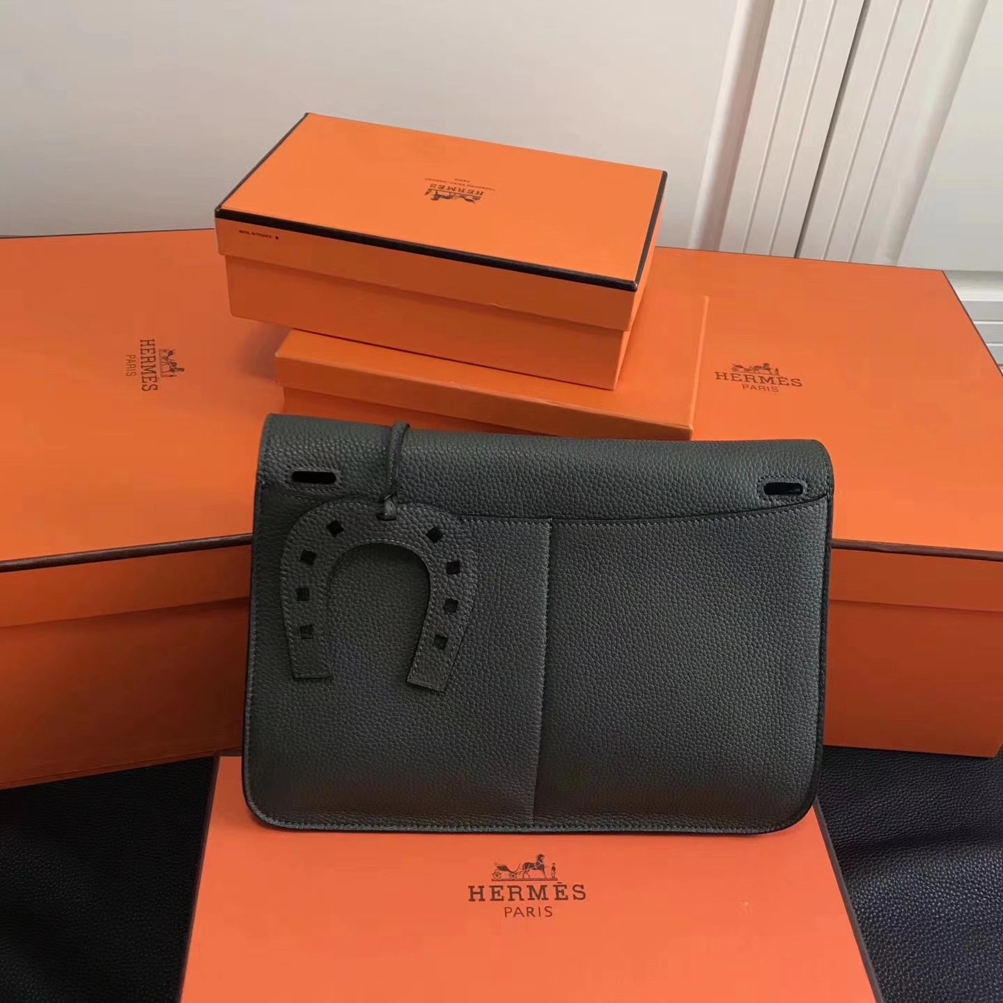 Hermes 31cm Halzan Dark Green Taurillon Clemence Leather