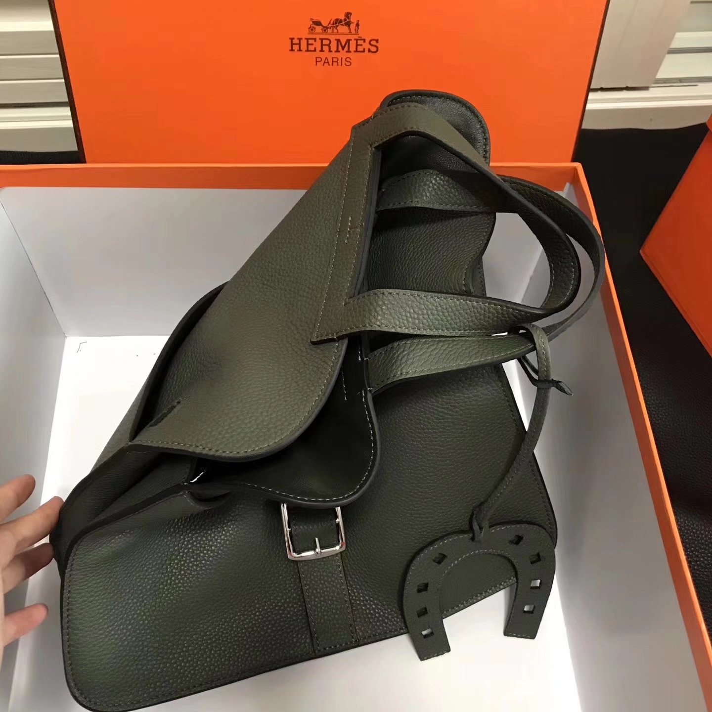 Hermes 31cm Halzan Dark Green Taurillon Clemence Leather