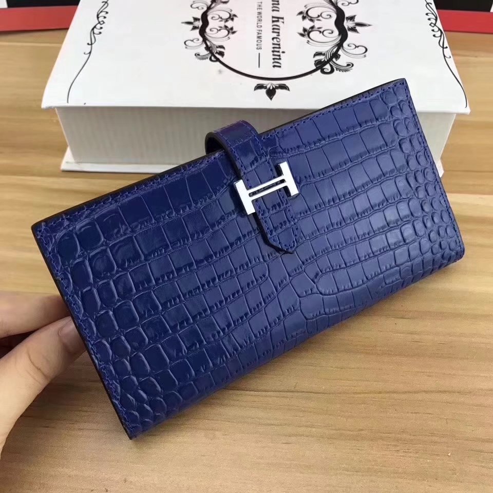 Hermes Bearn Soufflet Women Wallet Crocodile Skin Silver Hardware Blue