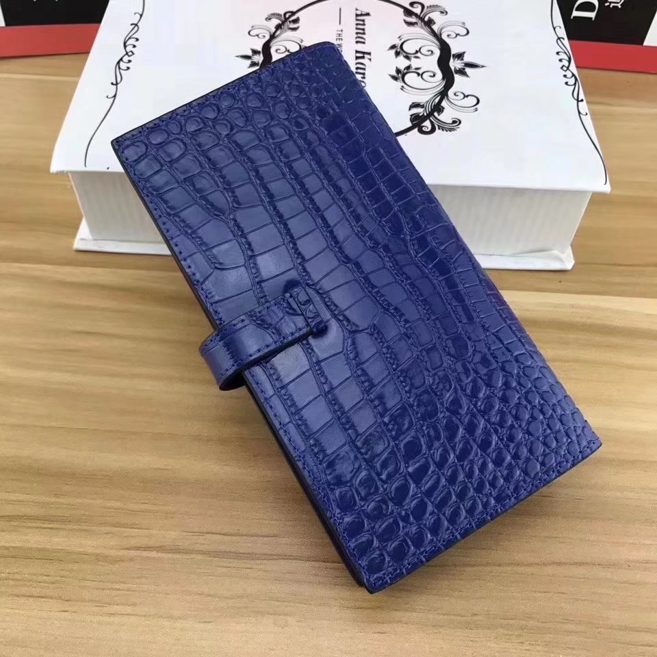 Hermes Bearn Soufflet Women Wallet Crocodile Skin Silver Hardware Blue