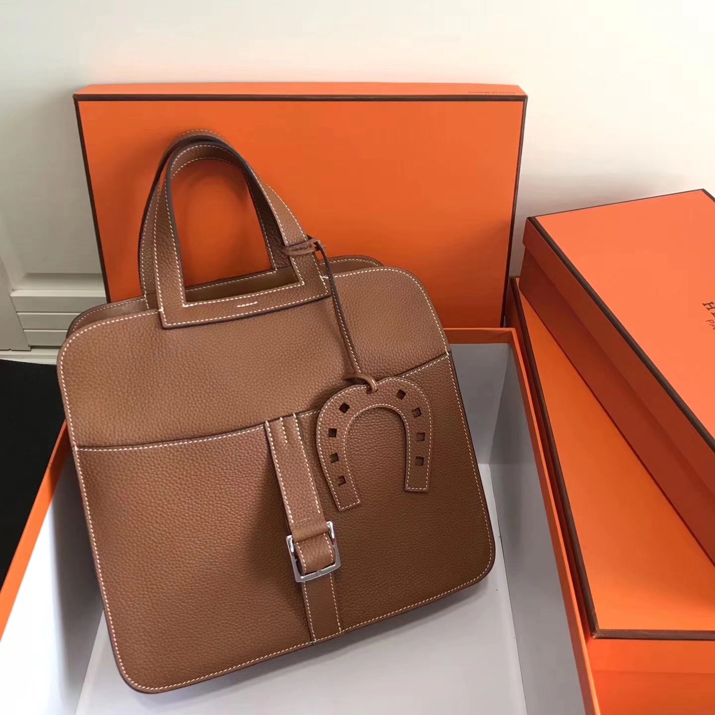 Hermes Halzan 31cm Coffee Swift Calfskin Bag