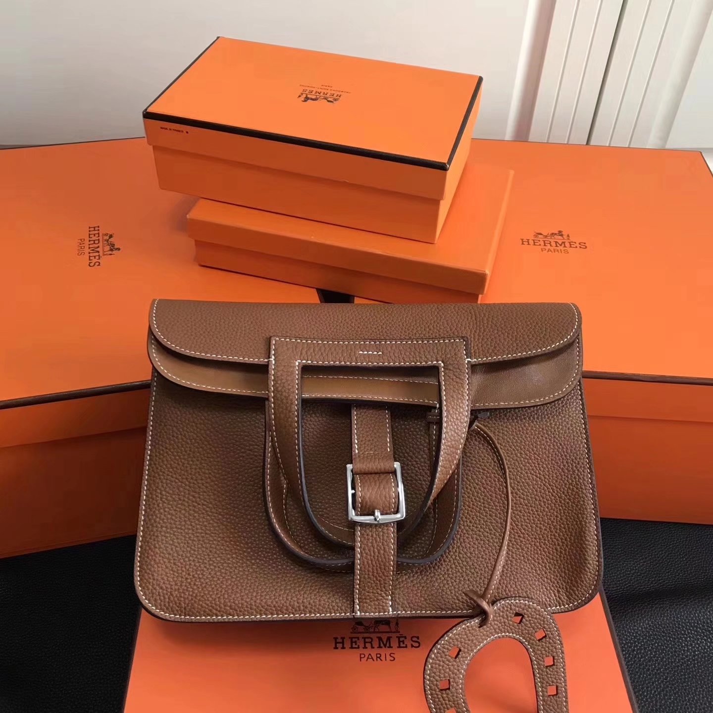 Hermes Halzan 31cm Coffee Swift Calfskin Bag