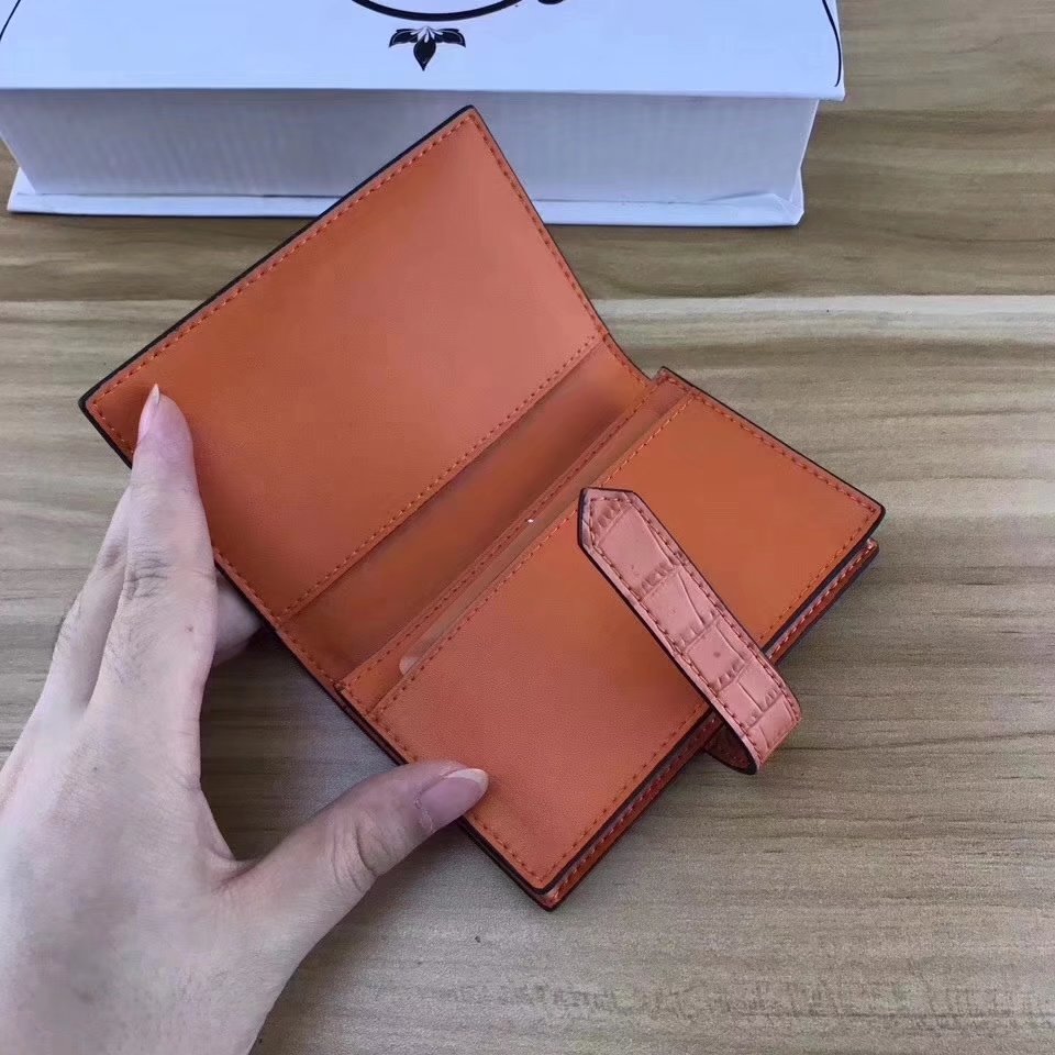 Hermes Women Card Wallet Crocodile Leather Orange