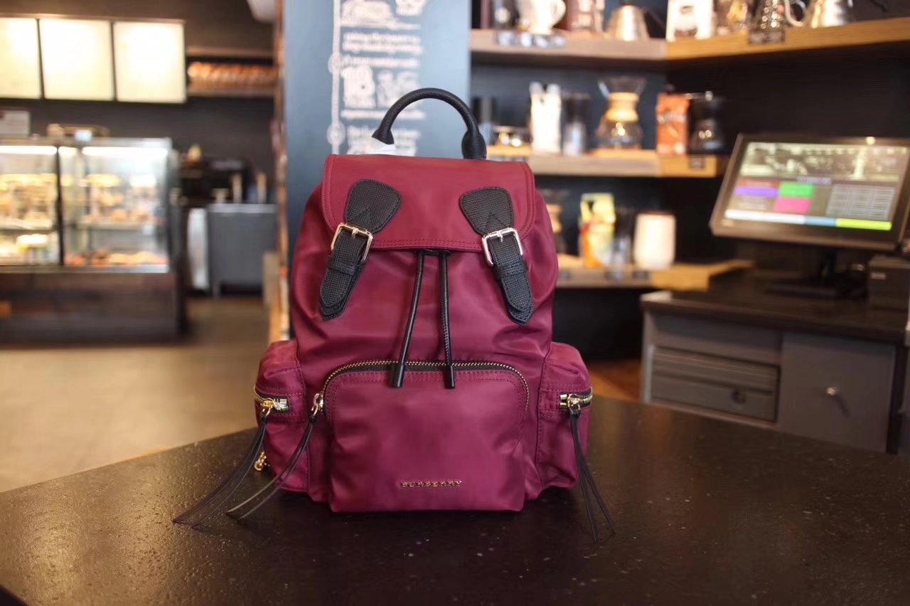 Burberry The Small Dark Red Rucksack in Technical Nylon and Leather