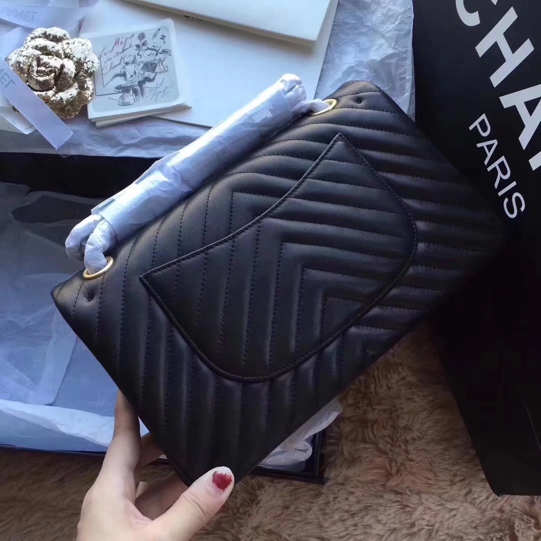 Chanel Chevron Flap 25cm in Black Lambskin Bag