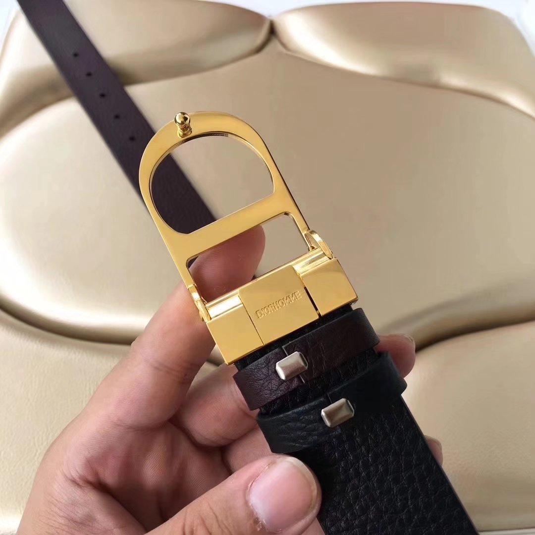 Dior 3.5cm Reversible Leather Belt With Gold Buckle 005