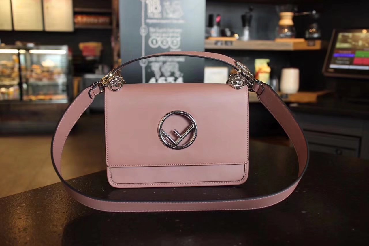 Fendi Kan I F Bag with Flap and New Fendi Logo Pink Leather