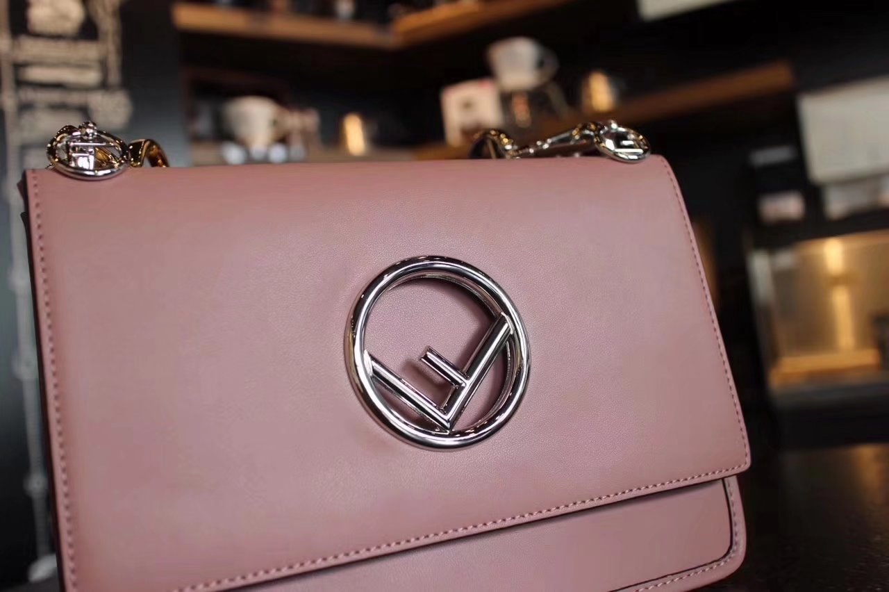 Fendi Kan I F Bag with Flap and New Fendi Logo Pink Leather