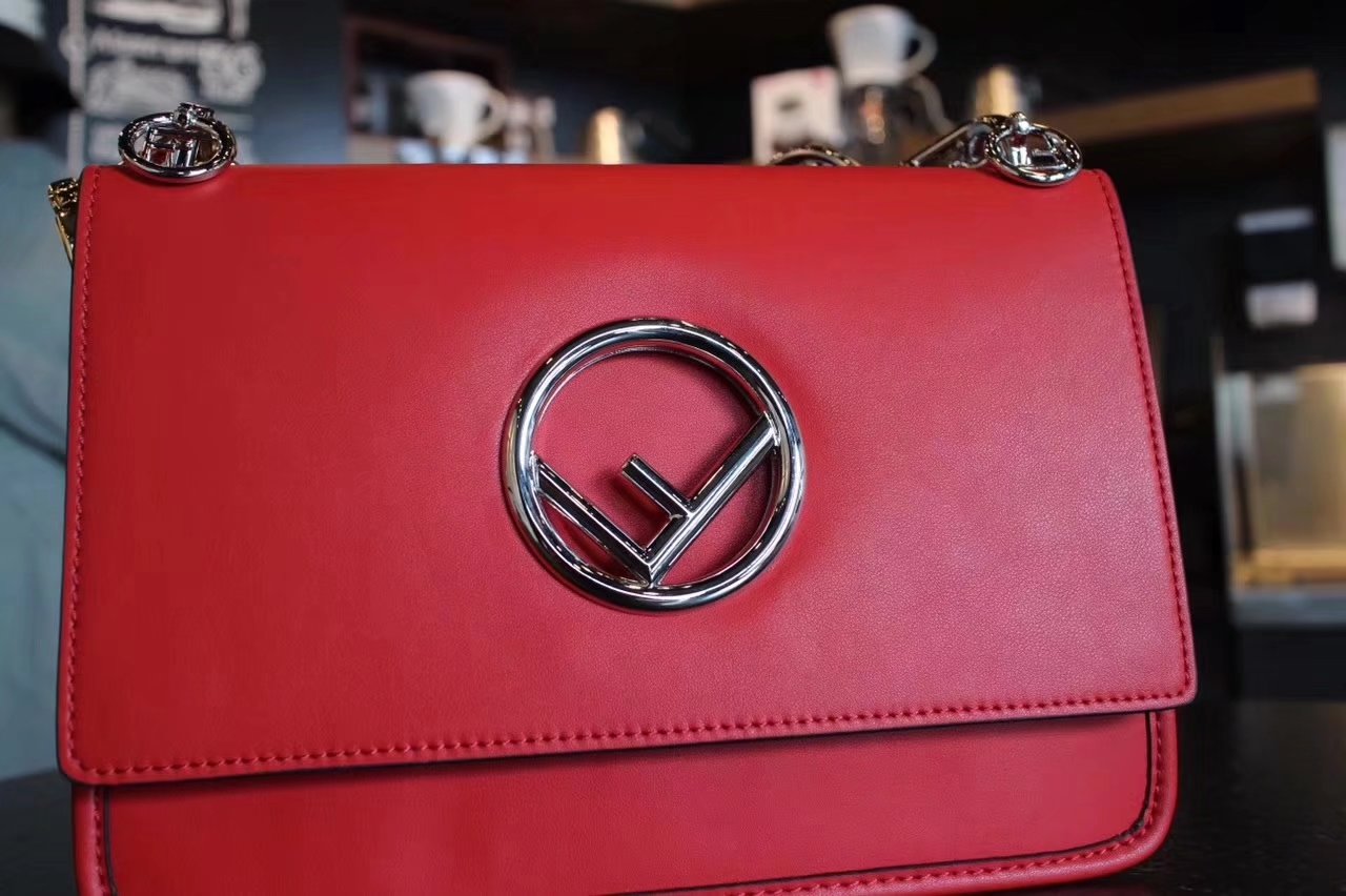 Fendi Kan I F Bag with Flap and New Fendi Logo Red Leather