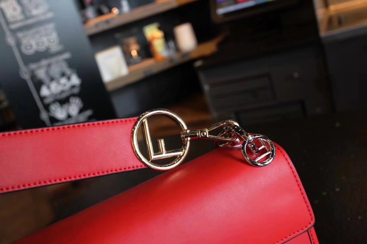 Fendi Kan I F Bag with Flap and New Fendi Logo Red Leather