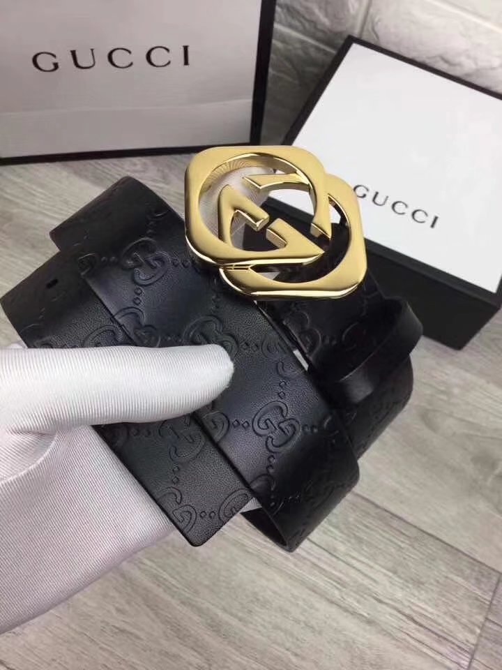 Gucci 4.0cm Men Leather Blet With Gold Buckle 017