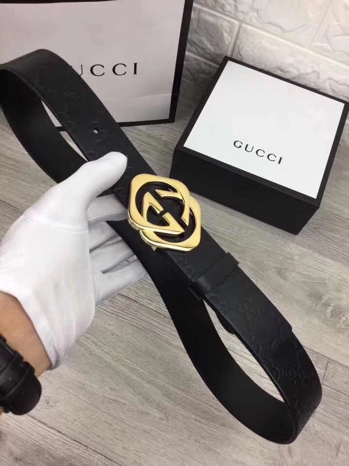 Gucci 4.0cm Men Leather Blet With Gold Buckle 017