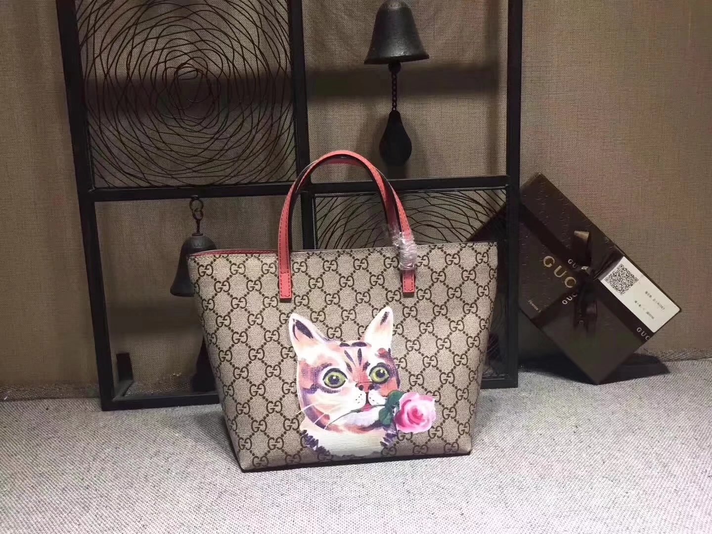 Gucci 鈥?10812 Children's GG Supreme Cat Tote Bag Pink Leather