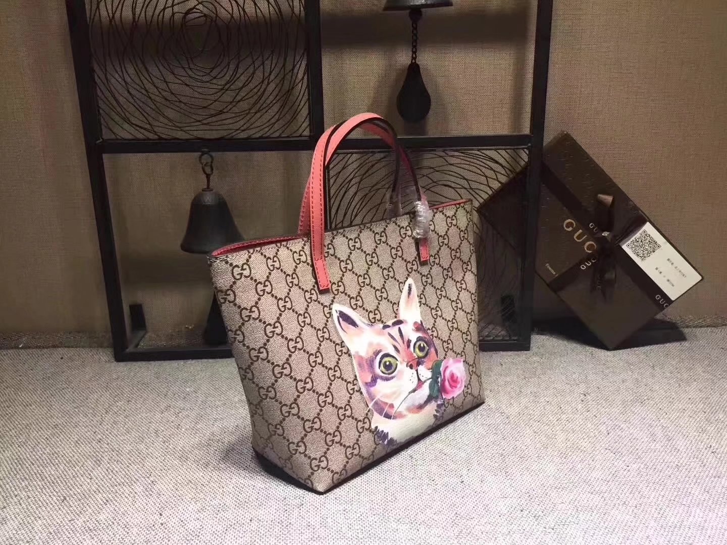 Gucci 鈥?10812 Children's GG Supreme Cat Tote Bag Pink Leather