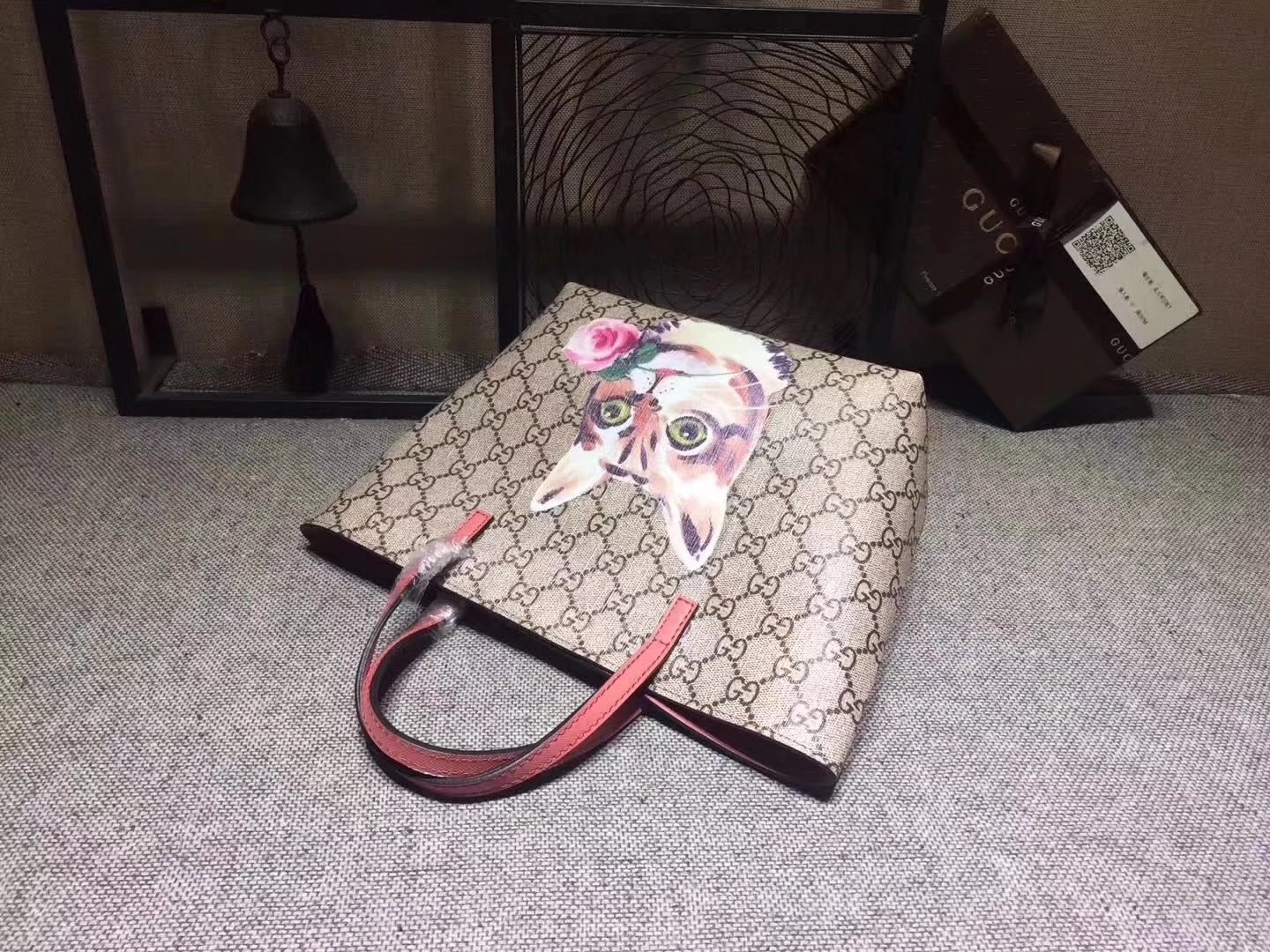 Gucci 鈥?10812 Children's GG Supreme Cat Tote Bag Pink Leather