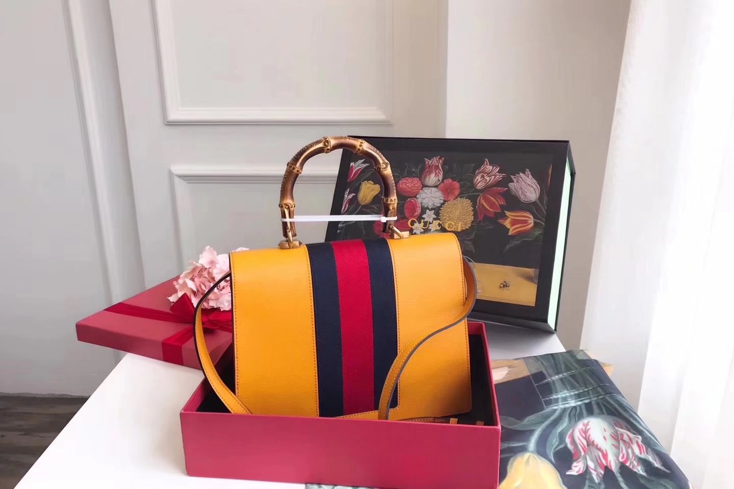 Gucci 488691 Hibiscus Yellow Leather Medium Top Handle Bag