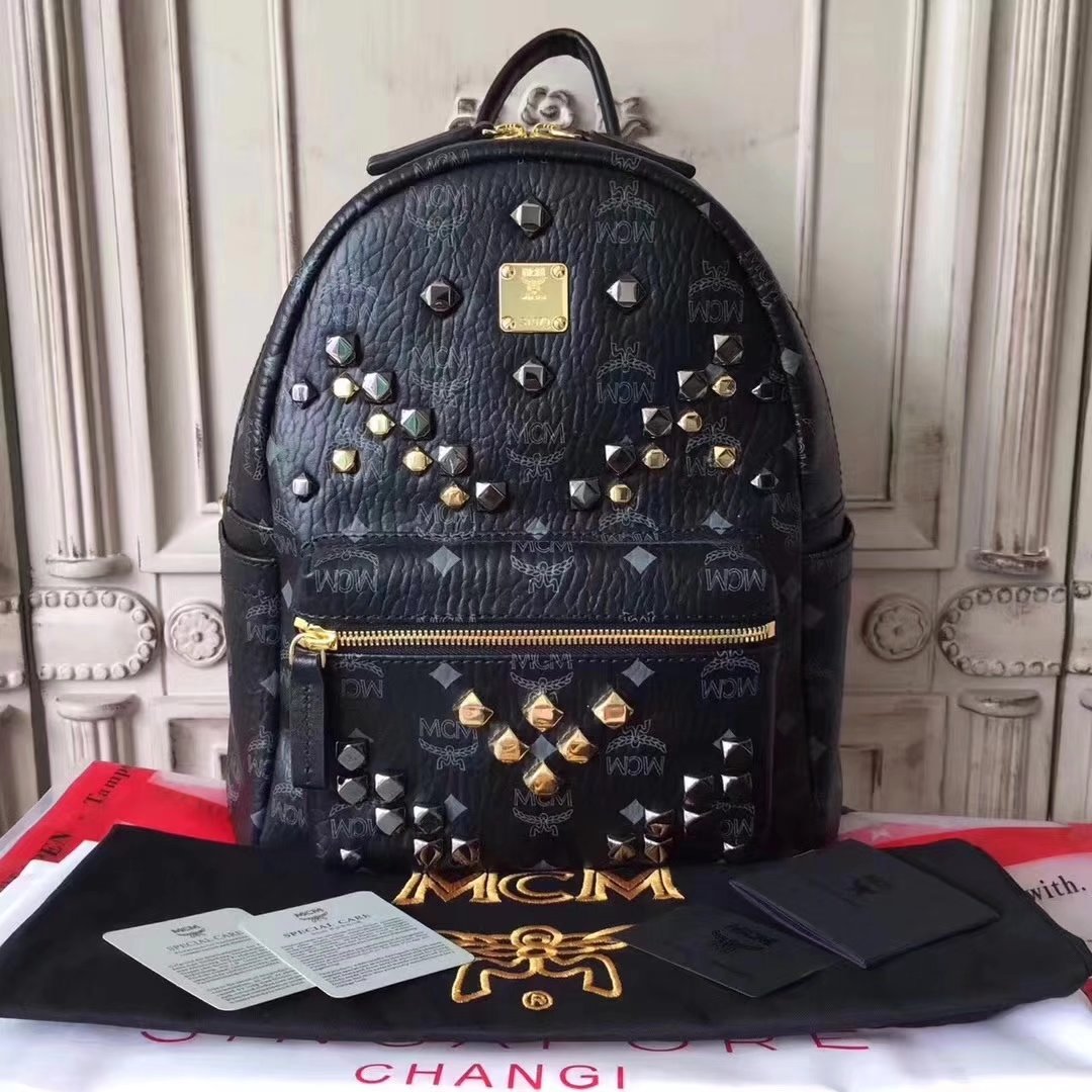 MCM Women Stark Backpack In Studded Visetos 3Size Black