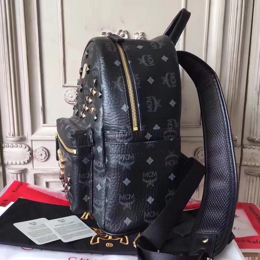 MCM Women Stark Backpack In Studded Visetos 3Size Black