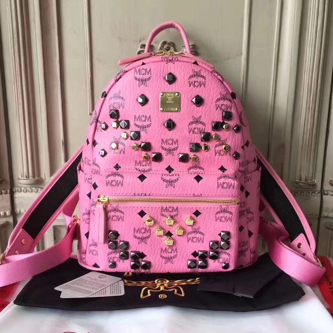 MCM Women Stark Backpack In Studded Visetos 3Size Pink