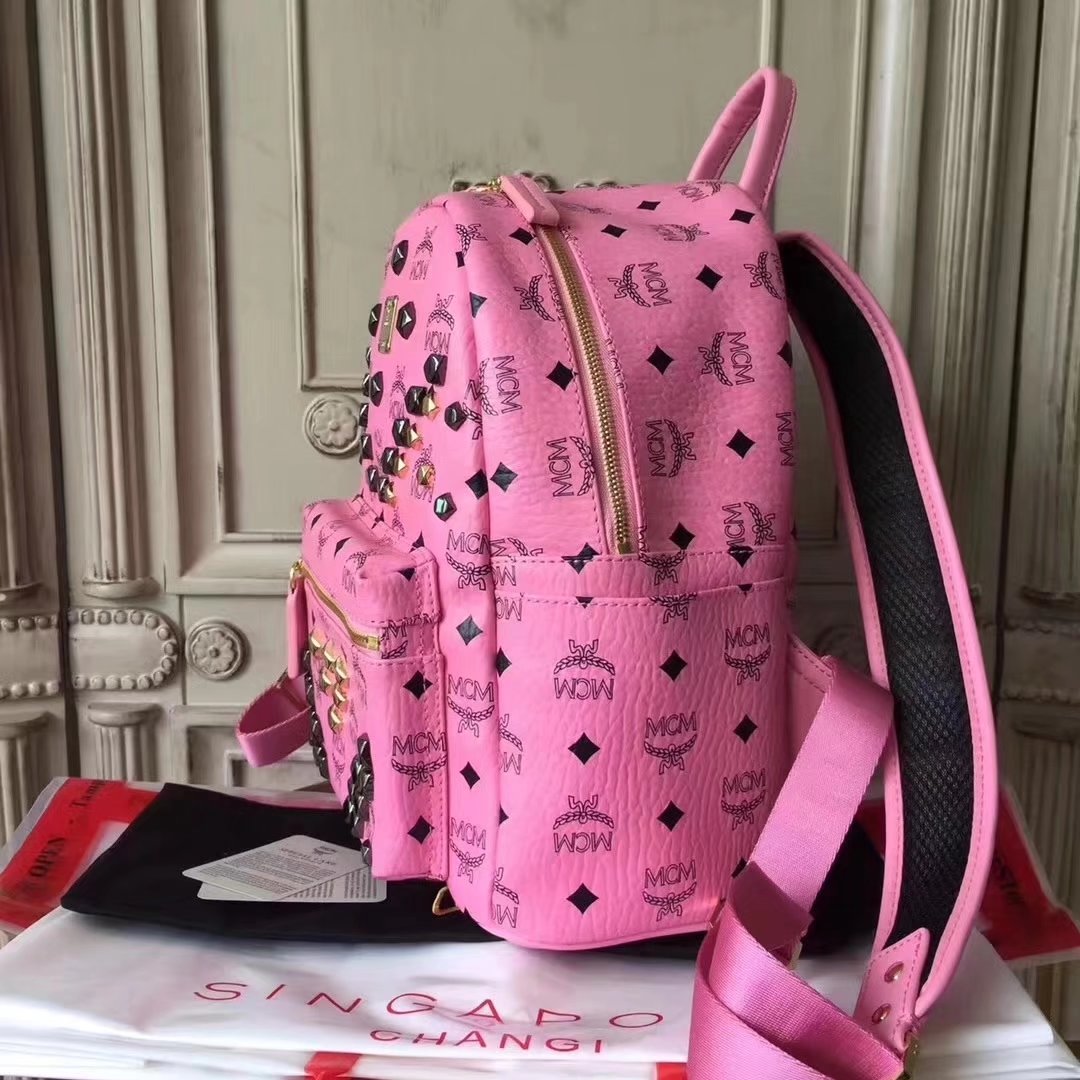 MCM Women Stark Backpack In Studded Visetos 3Size Pink