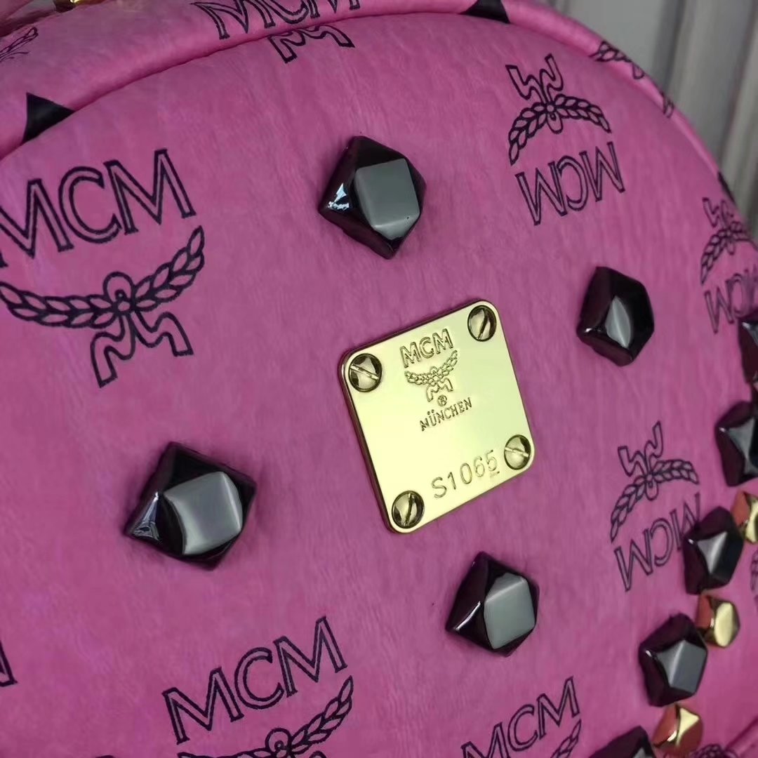 MCM Women Stark Backpack In Studded Visetos 3Size Pink