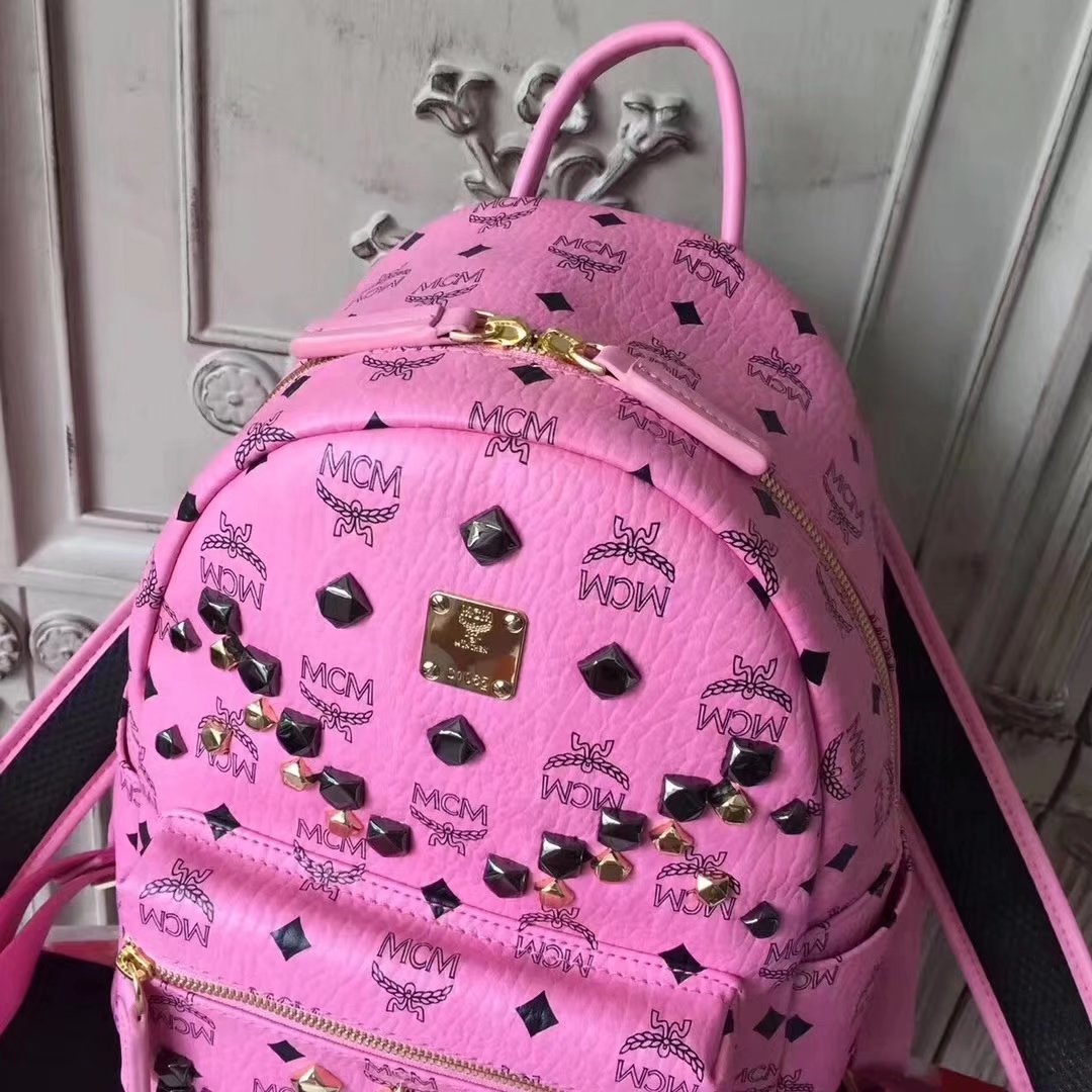 MCM Women Stark Backpack In Studded Visetos 3Size Pink