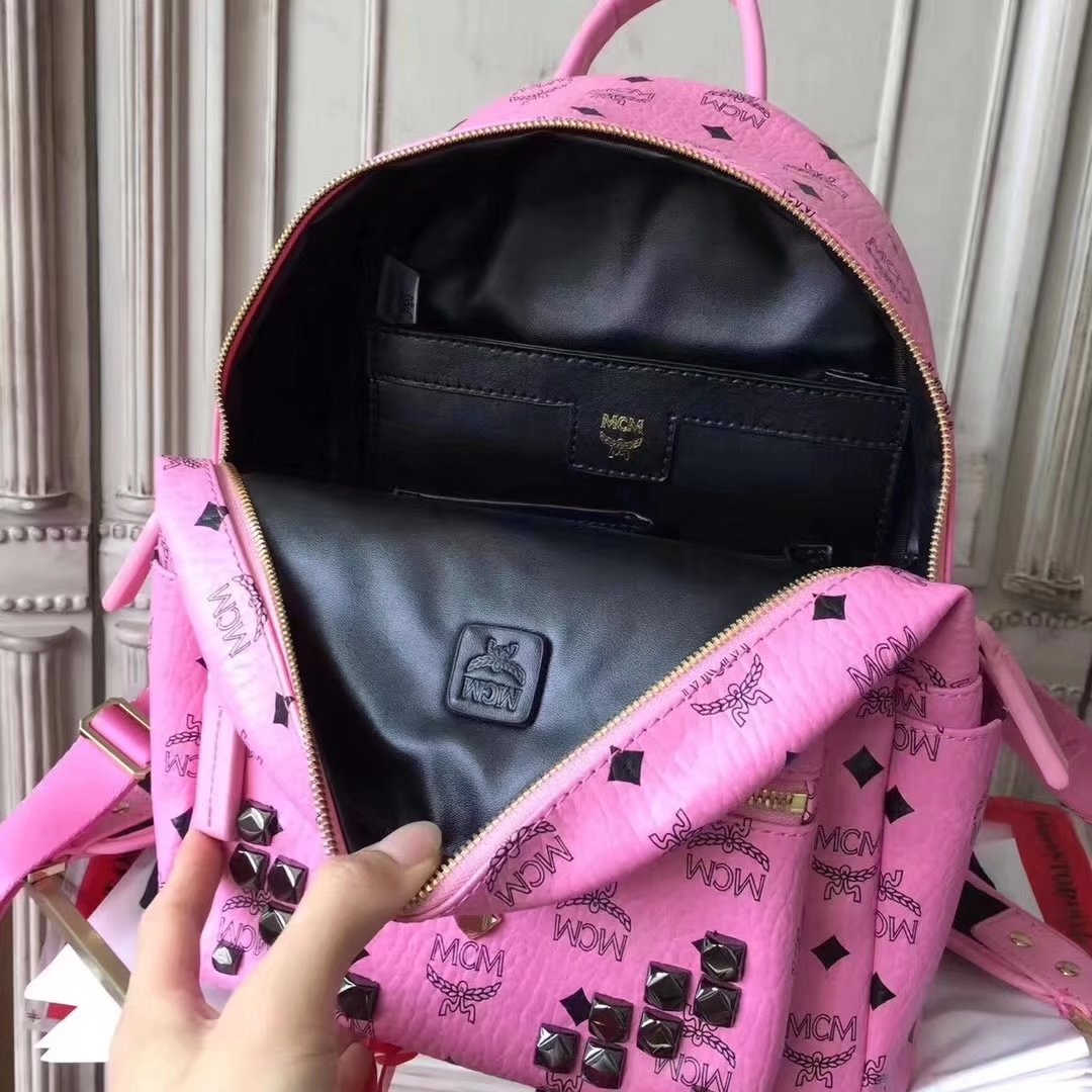 MCM Women Stark Backpack In Studded Visetos 3Size Pink