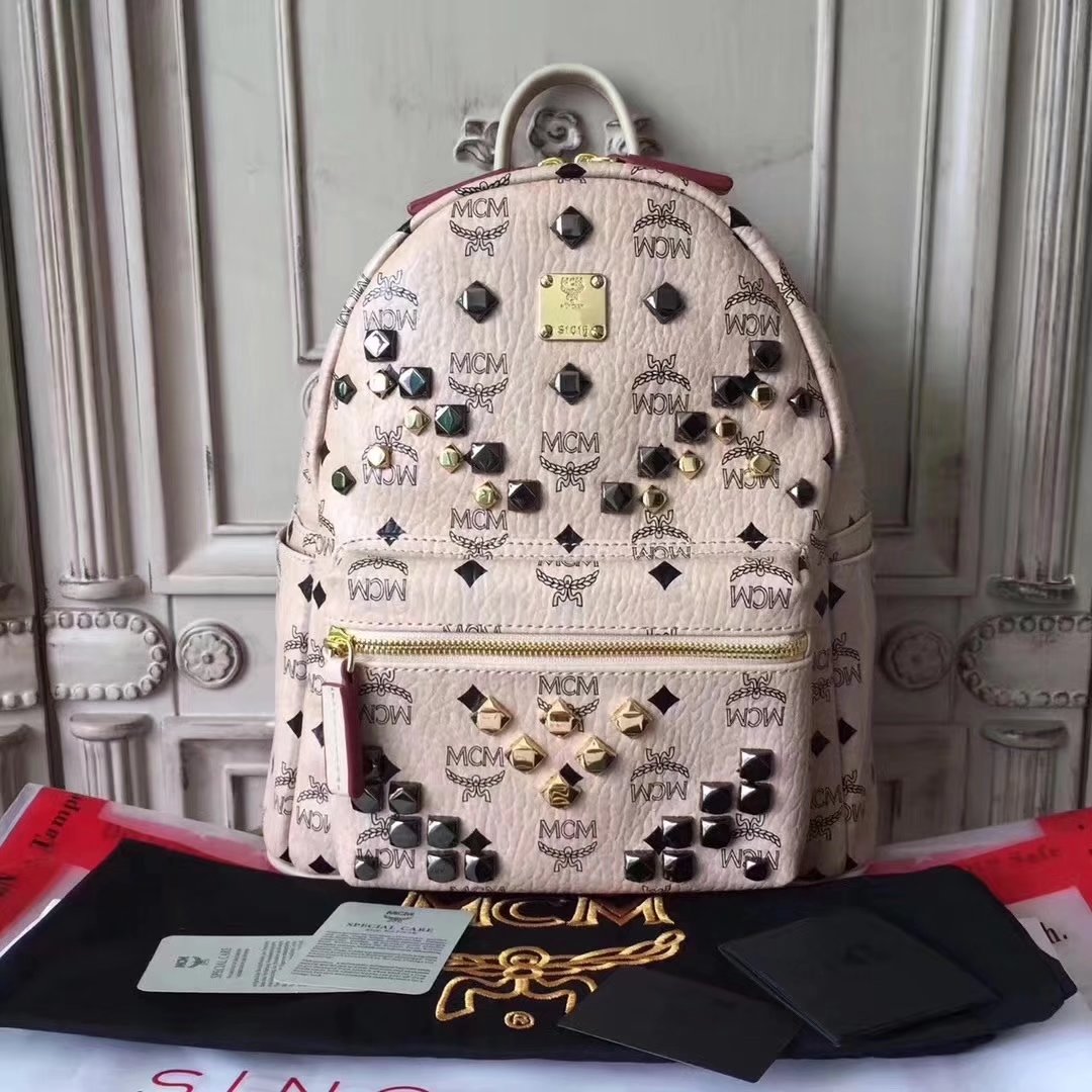 MCM Women Stark Backpack In Studded Visetos 3Size White-1