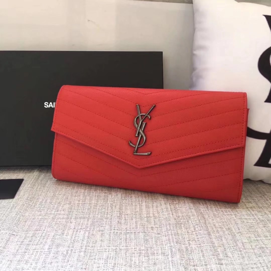 Saint Laurent Large Monogram Flap Wallet In Red Grain De Poudre Textured