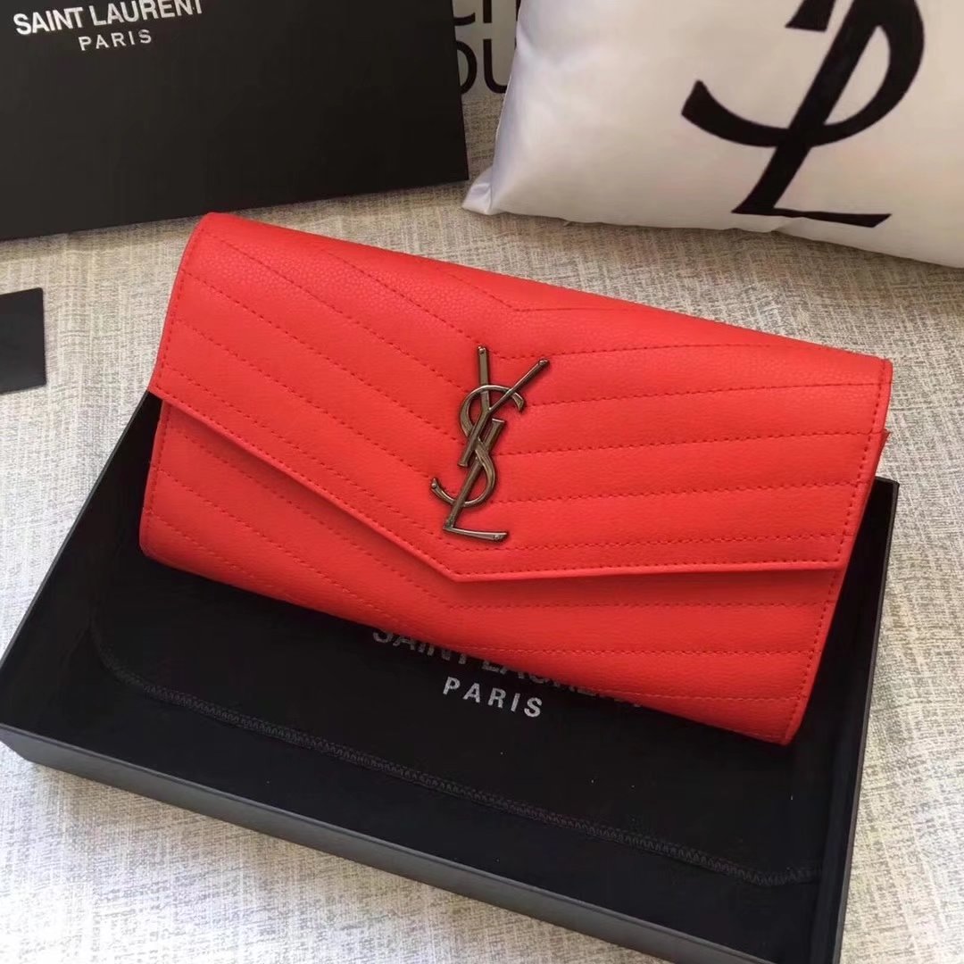 Saint Laurent Large Monogram Flap Wallet In Red Grain De Poudre Textured