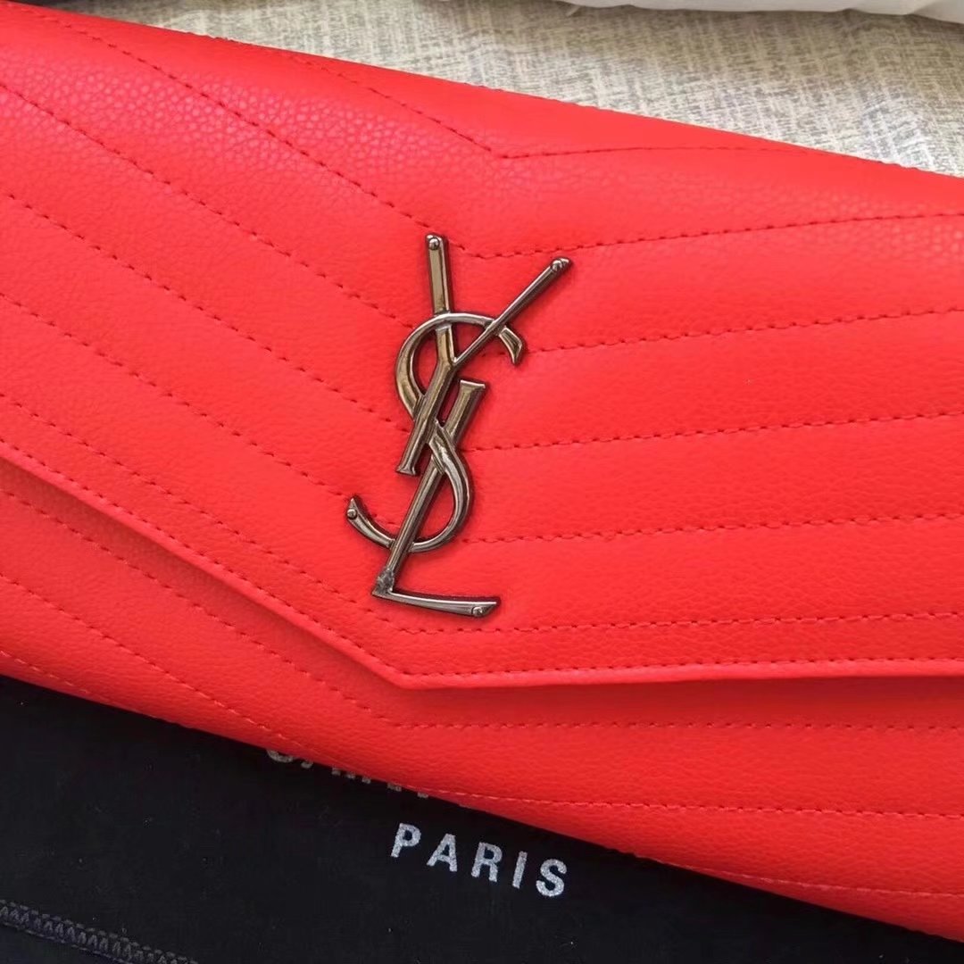 Saint Laurent Large Monogram Flap Wallet In Red Grain De Poudre Textured