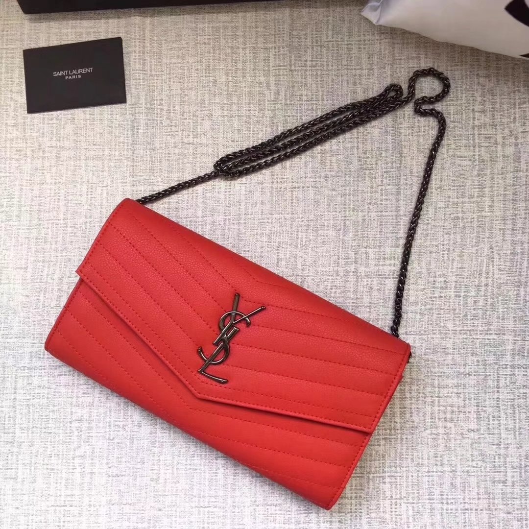 Saint Laurent Large Monogram Flap Wallet In Red Grain De Poudre Textured