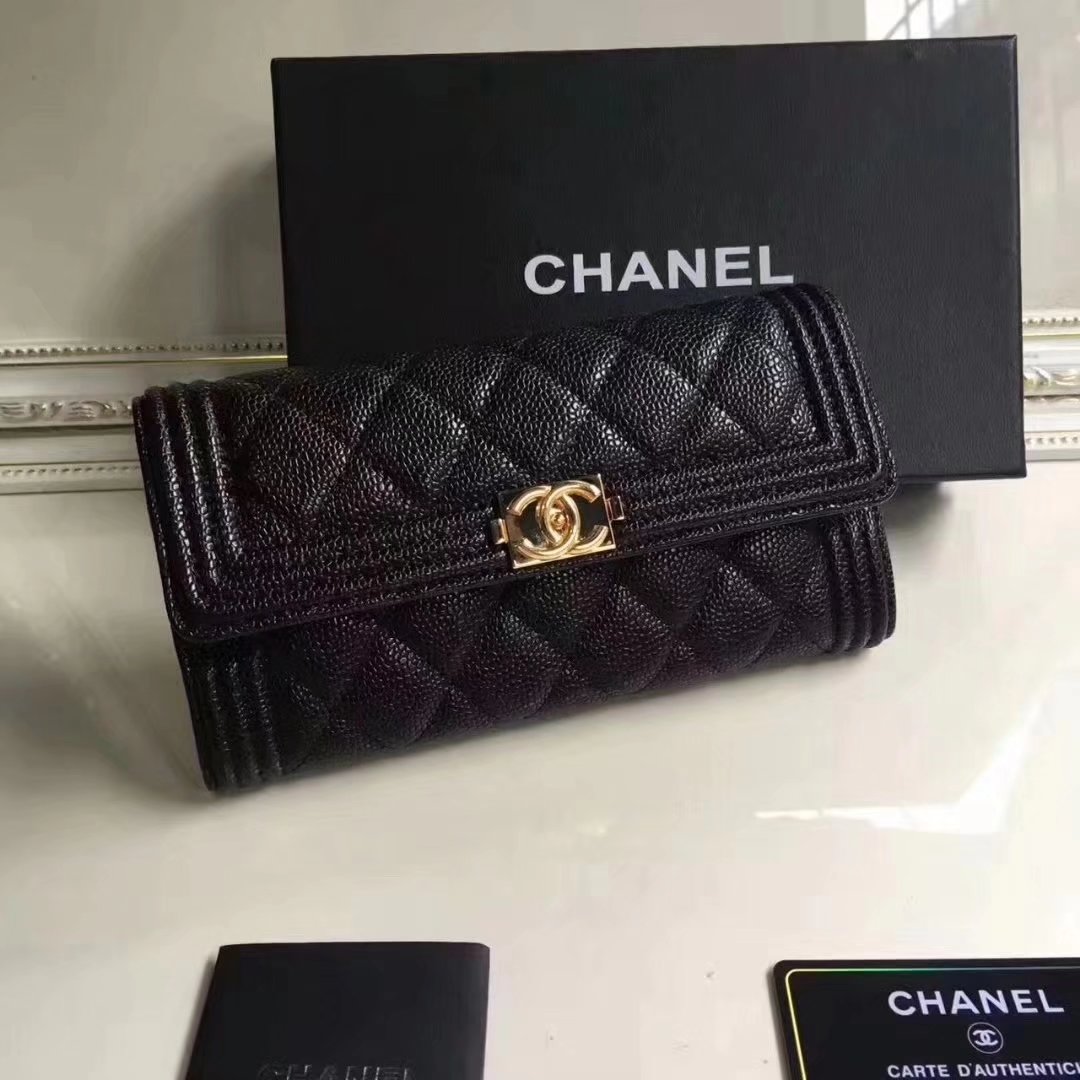 Boy Chanel Flap Wallet Grained Calfskin Gold Tone Metal Black