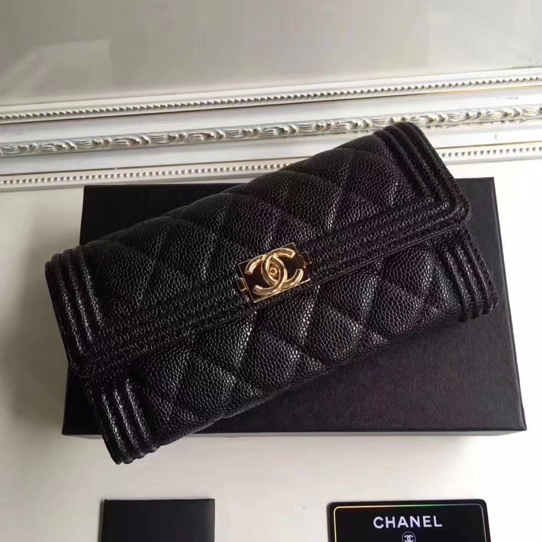 Boy Chanel Flap Wallet Grained Calfskin Gold Tone Metal Black