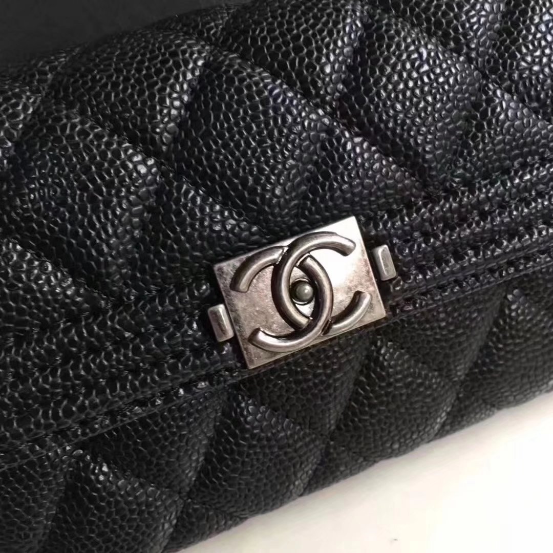 Boy Chanel Flap Wallet Grained Calfskin Silver Tone Metal Black