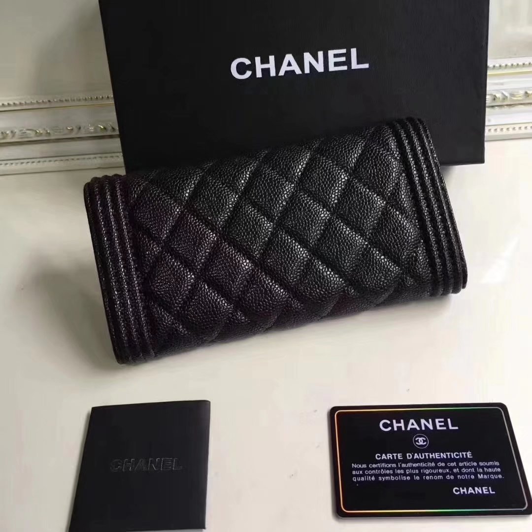 Boy Chanel Flap Wallet Grained Calfskin Silver Tone Metal Black