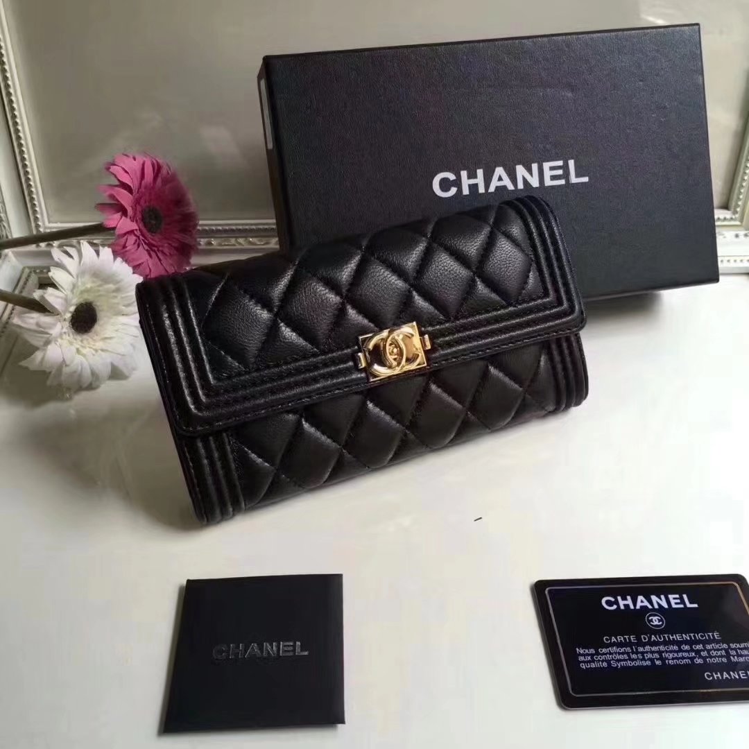 Boy Chanel Flap Wallet Lambskin Gold Tone Metal Black