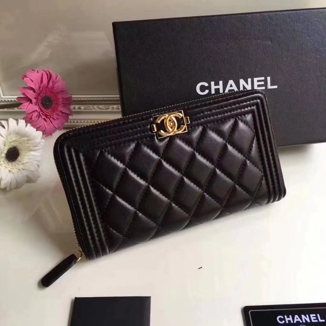 Boy Chanel Zipper Wallet Lambskin Gold Tone Metal Black