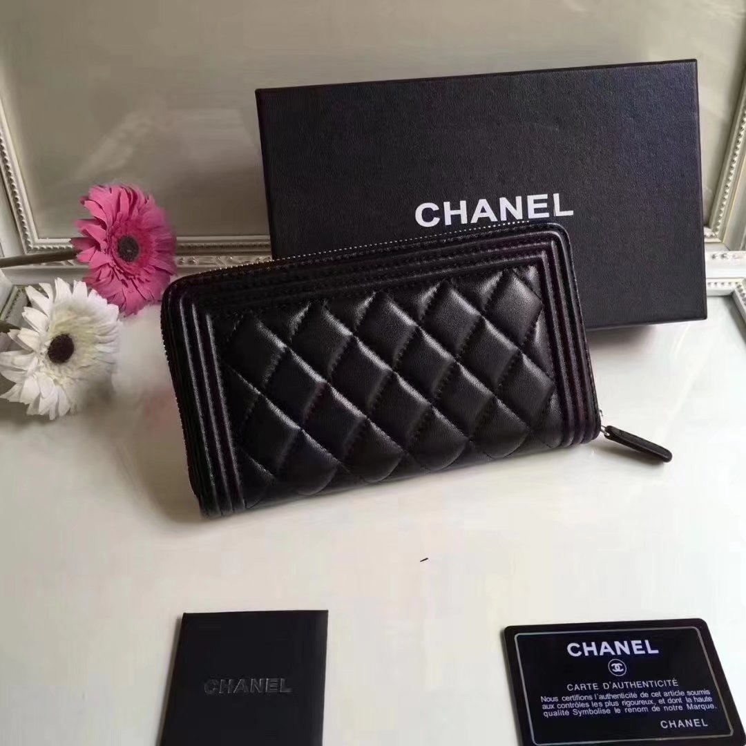 Boy Chanel Zipper Wallet Lambskin Gold Tone Metal Black