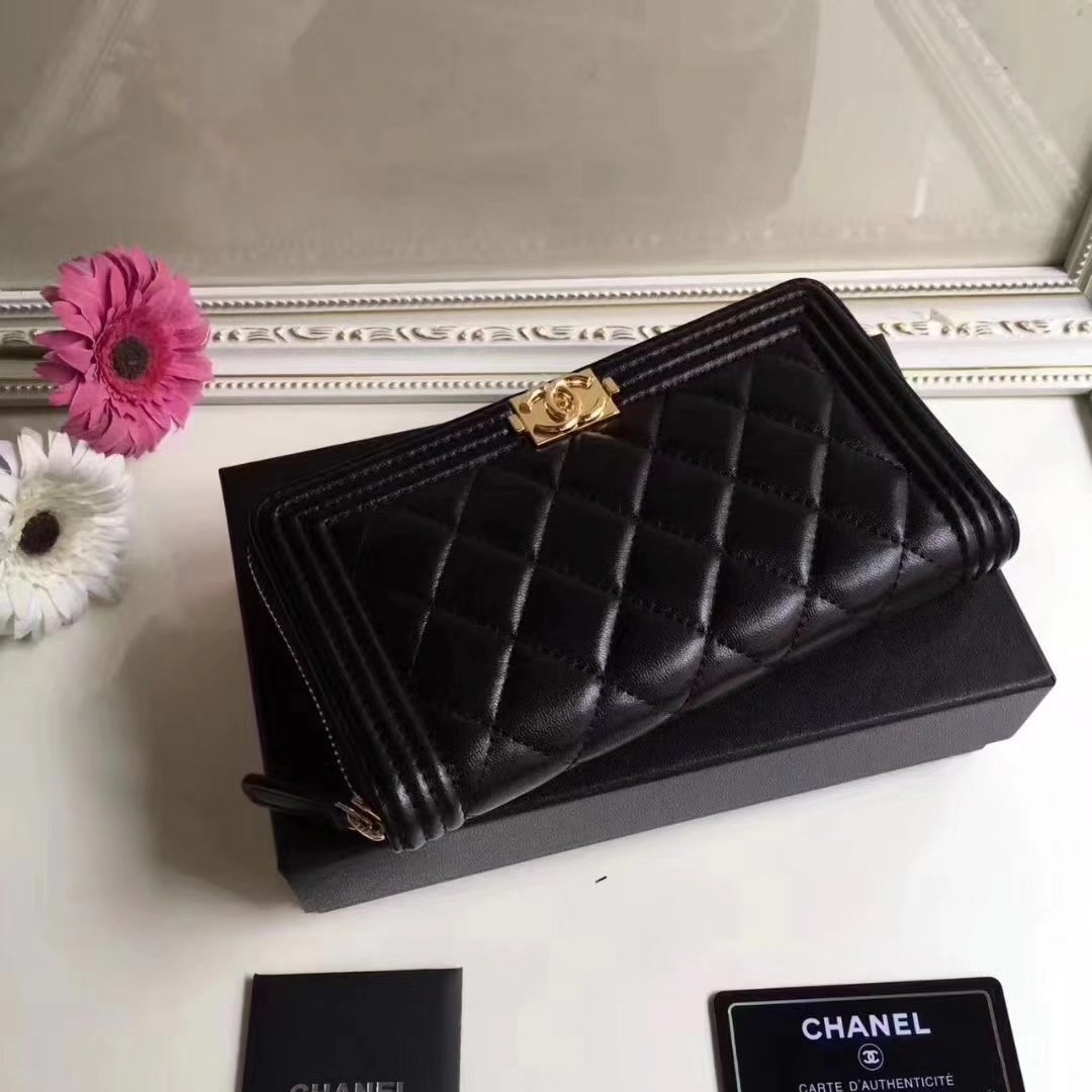 Boy Chanel Zipper Wallet Lambskin Gold Tone Metal Black