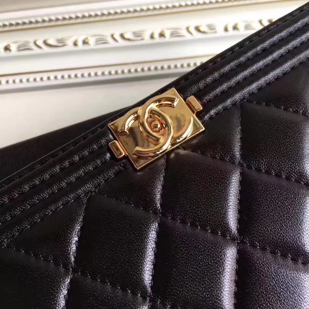 Boy Chanel Zipper Wallet Lambskin Gold Tone Metal Black