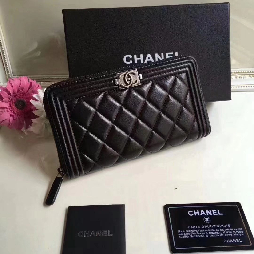 Boy Chanel Zipper Wallet Lambskin Silver Tone Metal Black