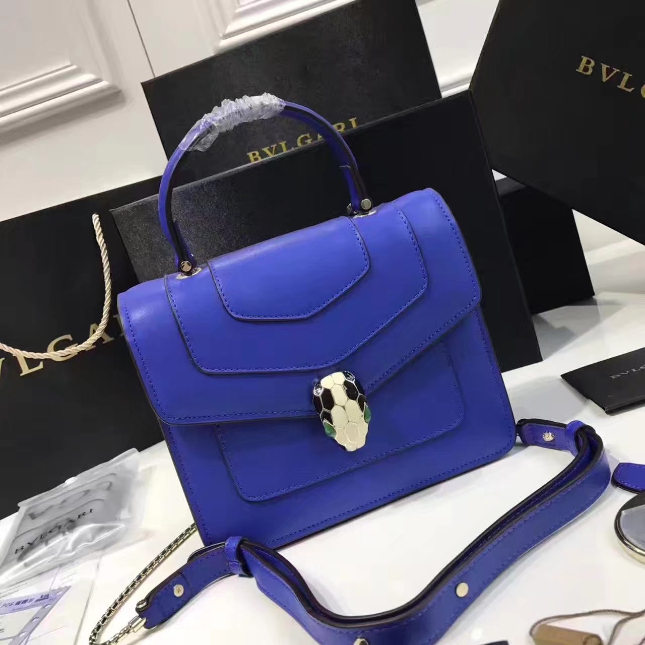 Bulgari Serpenti Forever Flap Cover Bag Blue With Malachite Eyes