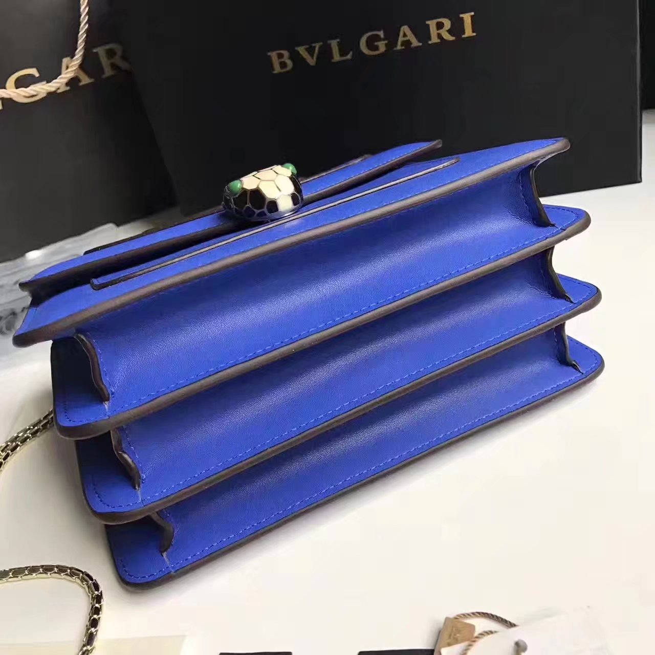 Bulgari Serpenti Forever Flap Cover Bag Blue With Malachite Eyes