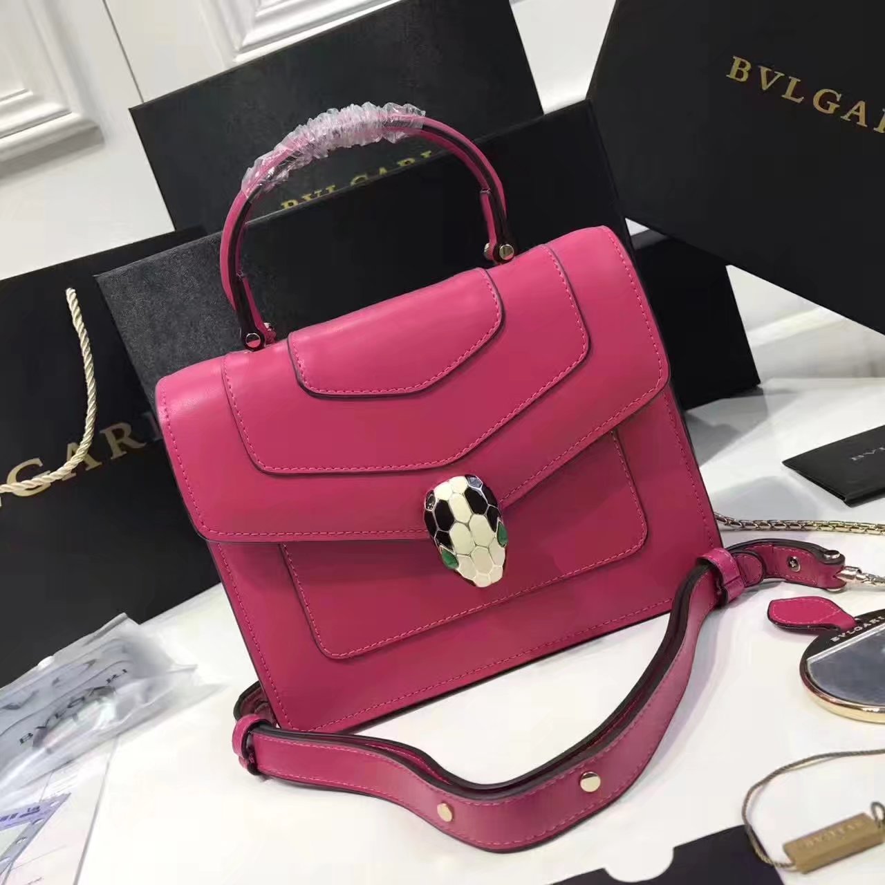 Bulgari Serpenti Forever Flap Cover Bag Peach With Malachite Eyes