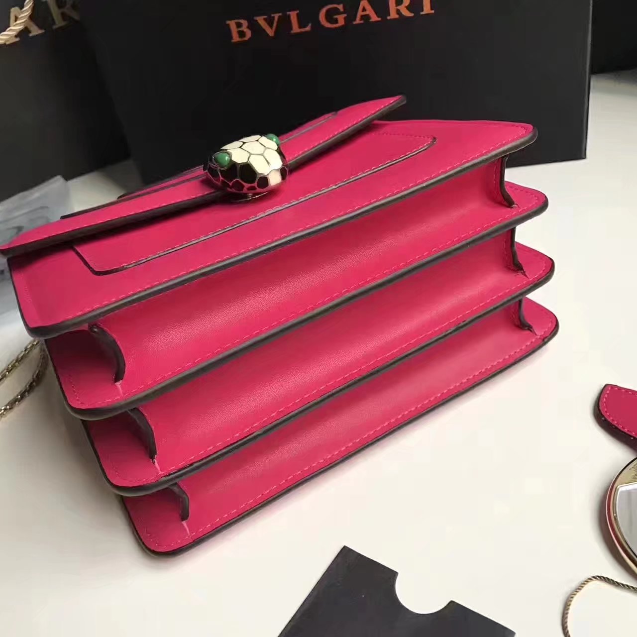 Bulgari Serpenti Forever Flap Cover Bag Peach With Malachite Eyes