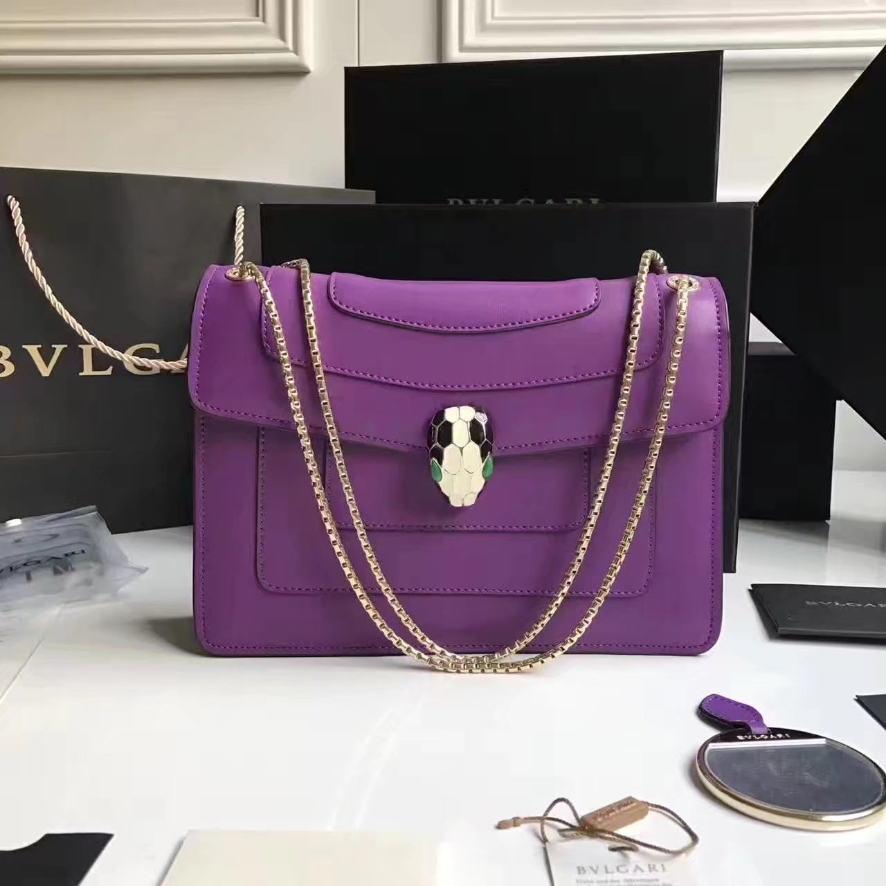 Bulgari Serpenti Forever Flap Cover Chain Shoulder Bag Purple With Malachite Eyes