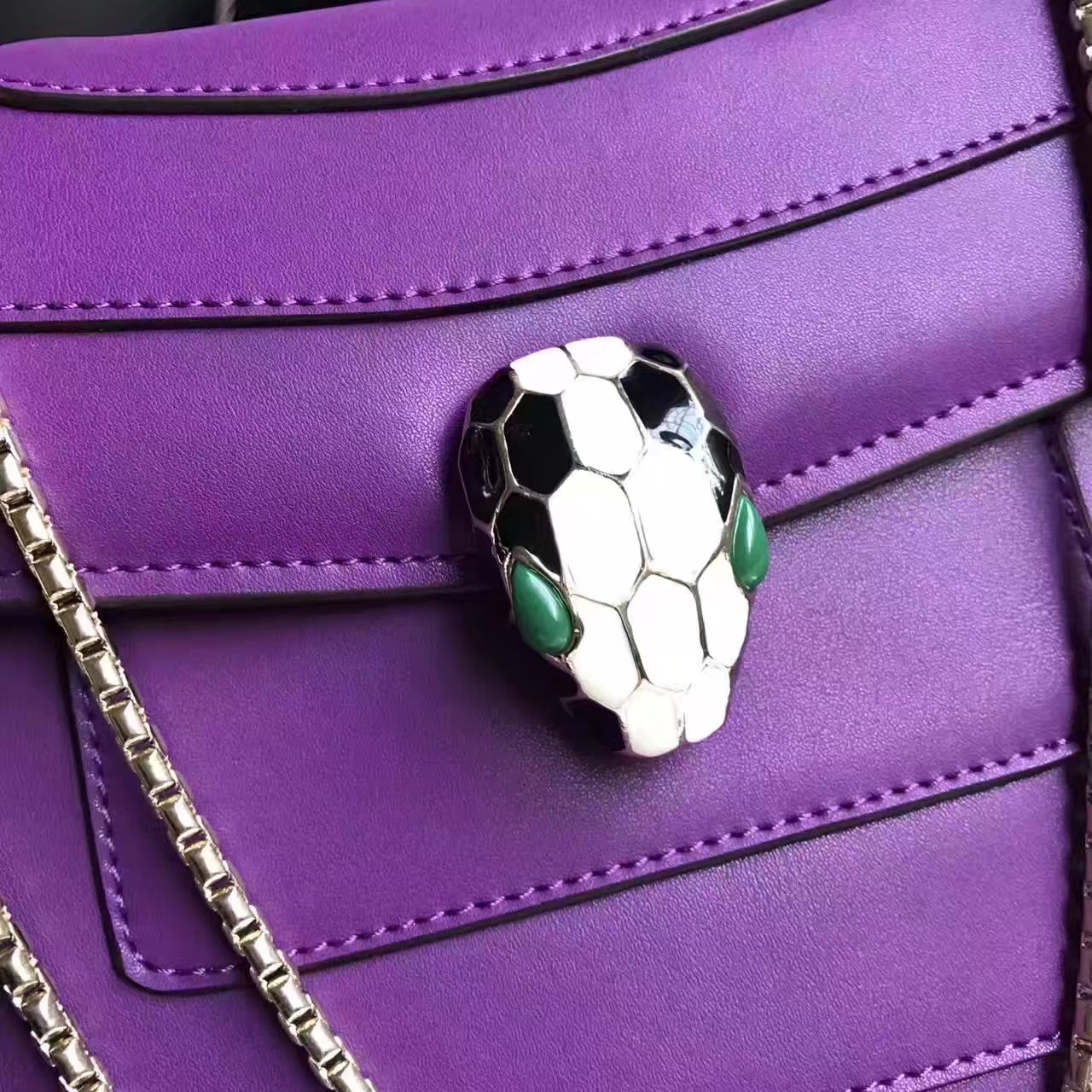 Bulgari Serpenti Forever Flap Cover Chain Shoulder Bag Purple With Malachite Eyes