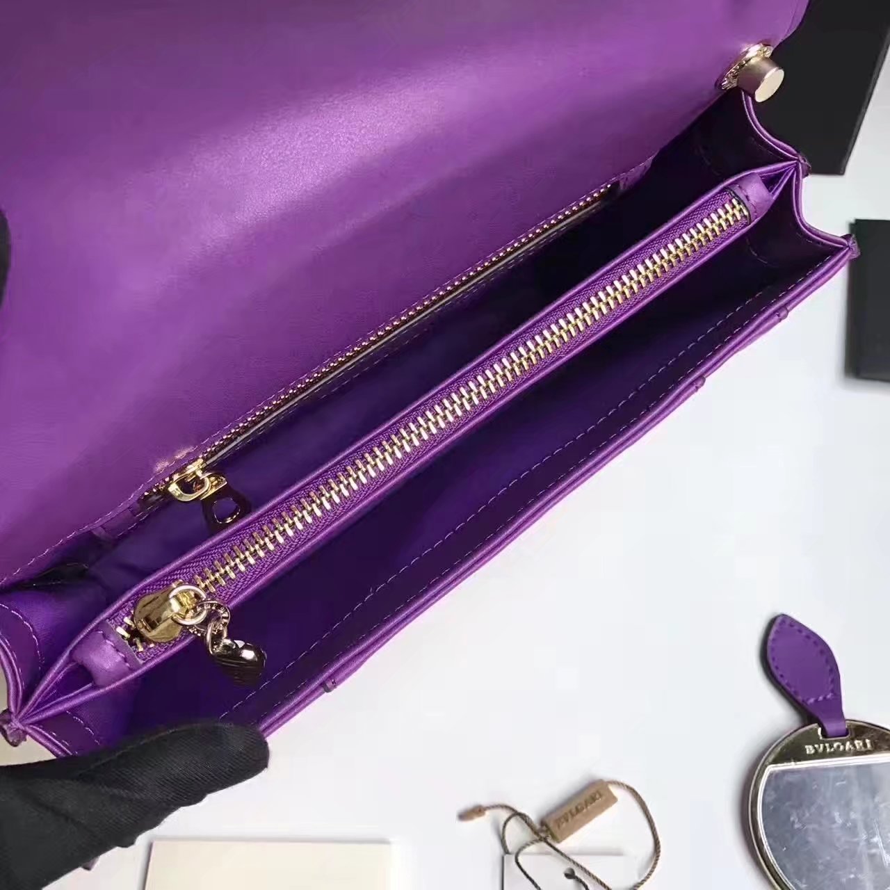 Bulgari Serpenti Forever Flap Cover Chain Shoulder Bag Purple With Malachite Eyes